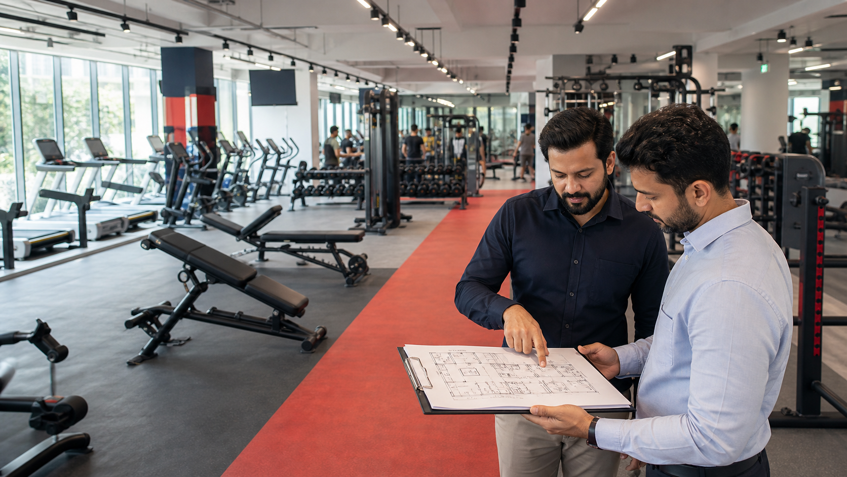 Gym consultant and owner reviewing a commercial gym equipment layout