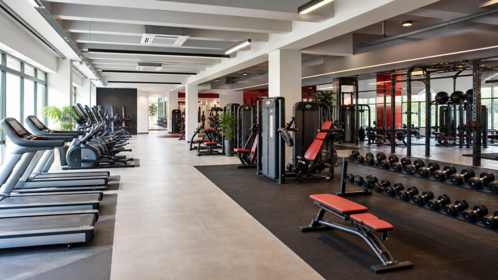 Commercial gym equipment layout with cardio, strength and free-weight zones in Gujarat