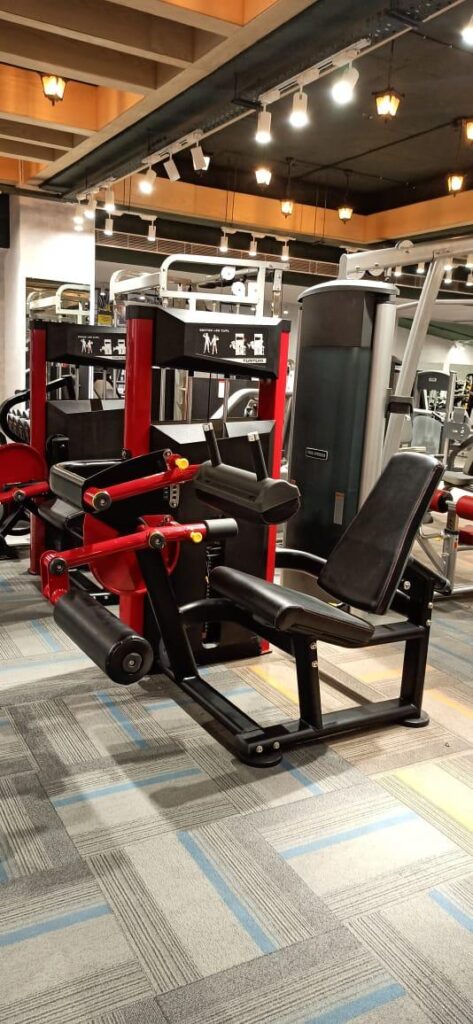 Strength machines arranged on a gym floor
