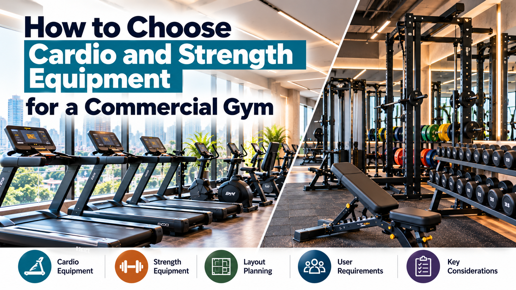 Cardio and strength equipment arranged in a commercial gym